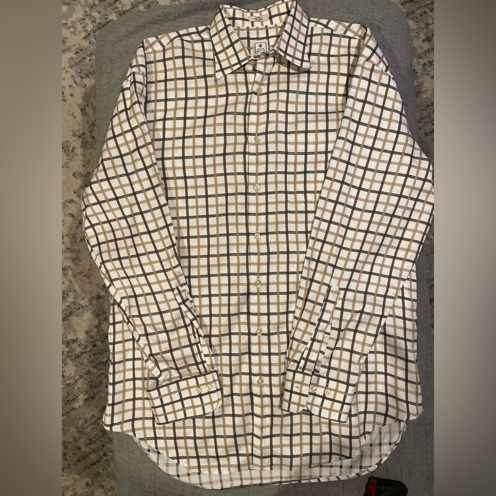 Peter Millar White and Brown Plaid Button Down Size Large see measurements!!!